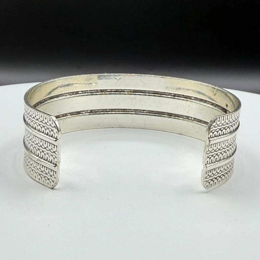 Silver Tone Wide Etched Cuff Bracelet Tribal Boho Textured Statement Jewelry